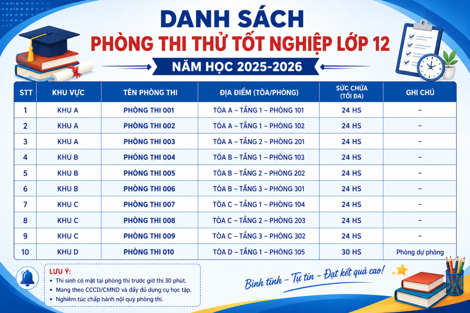 Lịch thi và danh sách phòng thi thử tốt nghiệp lớp 12